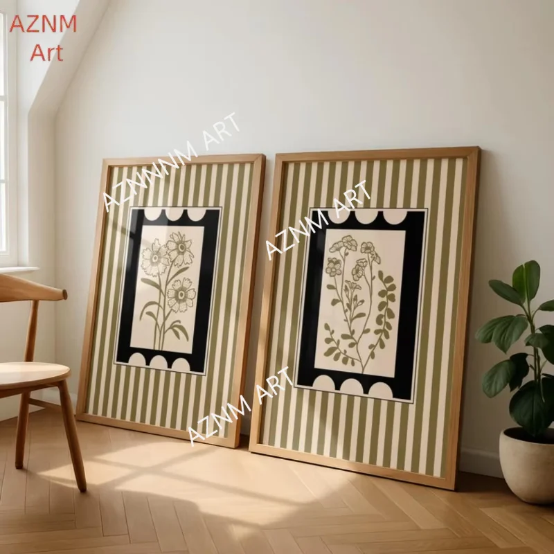1/2 Stück Pflanzen-Kunstdruck, Poster, Leinwandgemälde, Blumen-Wandkunst, grün gestreifter Pflanzen-Blumendruck, Wohnzimmer-Schlafzimmer-Dekoration