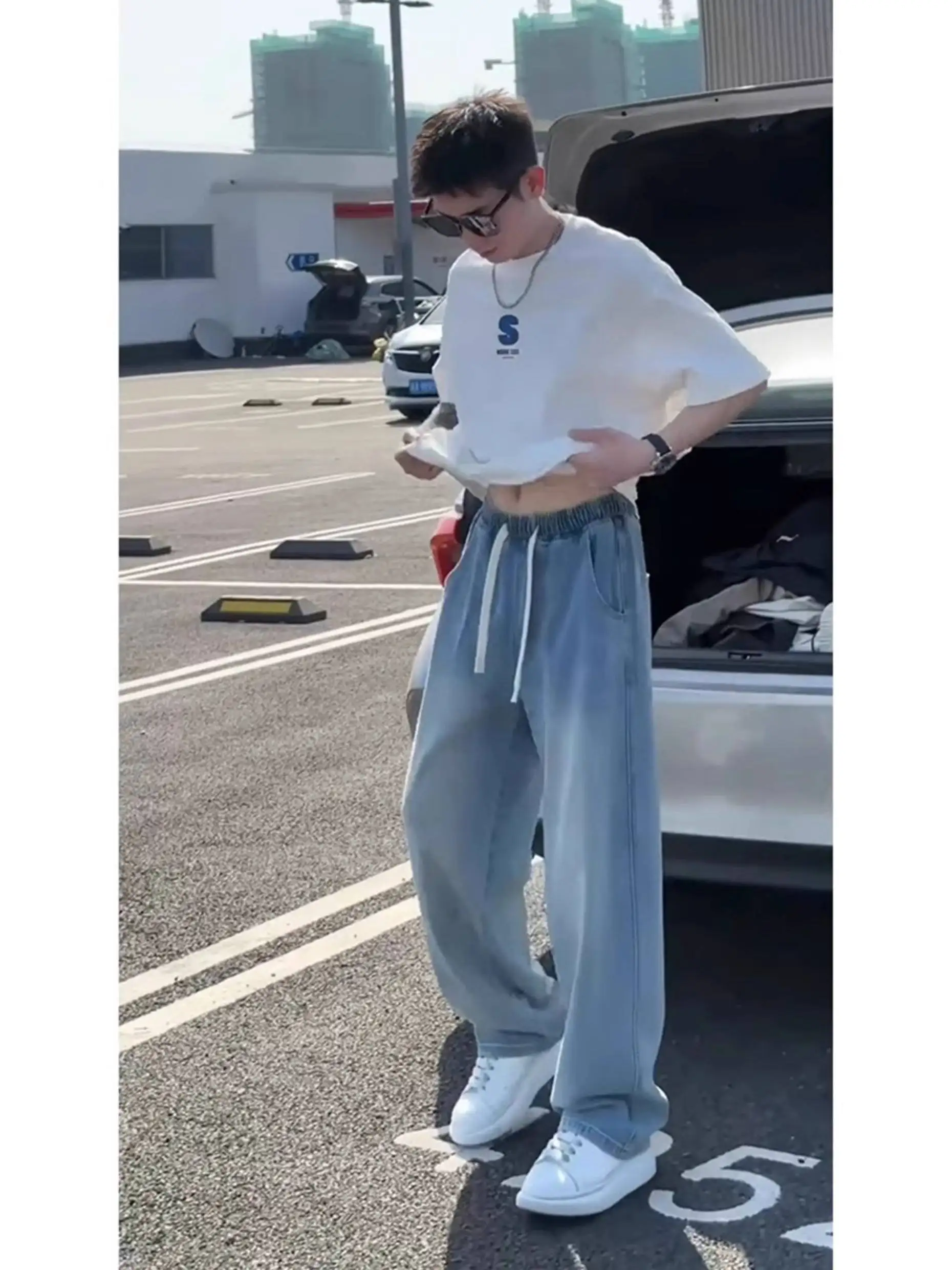 

Light Blue Ice Silk Men's Jeans Summer Thin Straight Leg Pants Draping Breathable Wide Leg Trousers Casual Loose Fit Jeans