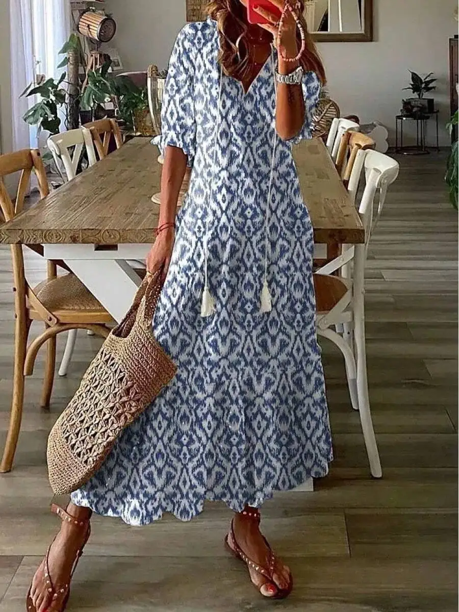 

V-Neck Loose Bohemian Print Maxi Dress With Tassels, Mid-Sleeve Casual Long Flowy Dress For Women