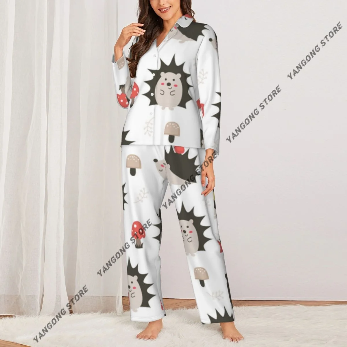 Women Sleepwear Loungewear Cute Hedgehogs Mushrooms Apples Long Sleeve Lapel Neck Shirt and Elastic Waist Pants Pajamas Set