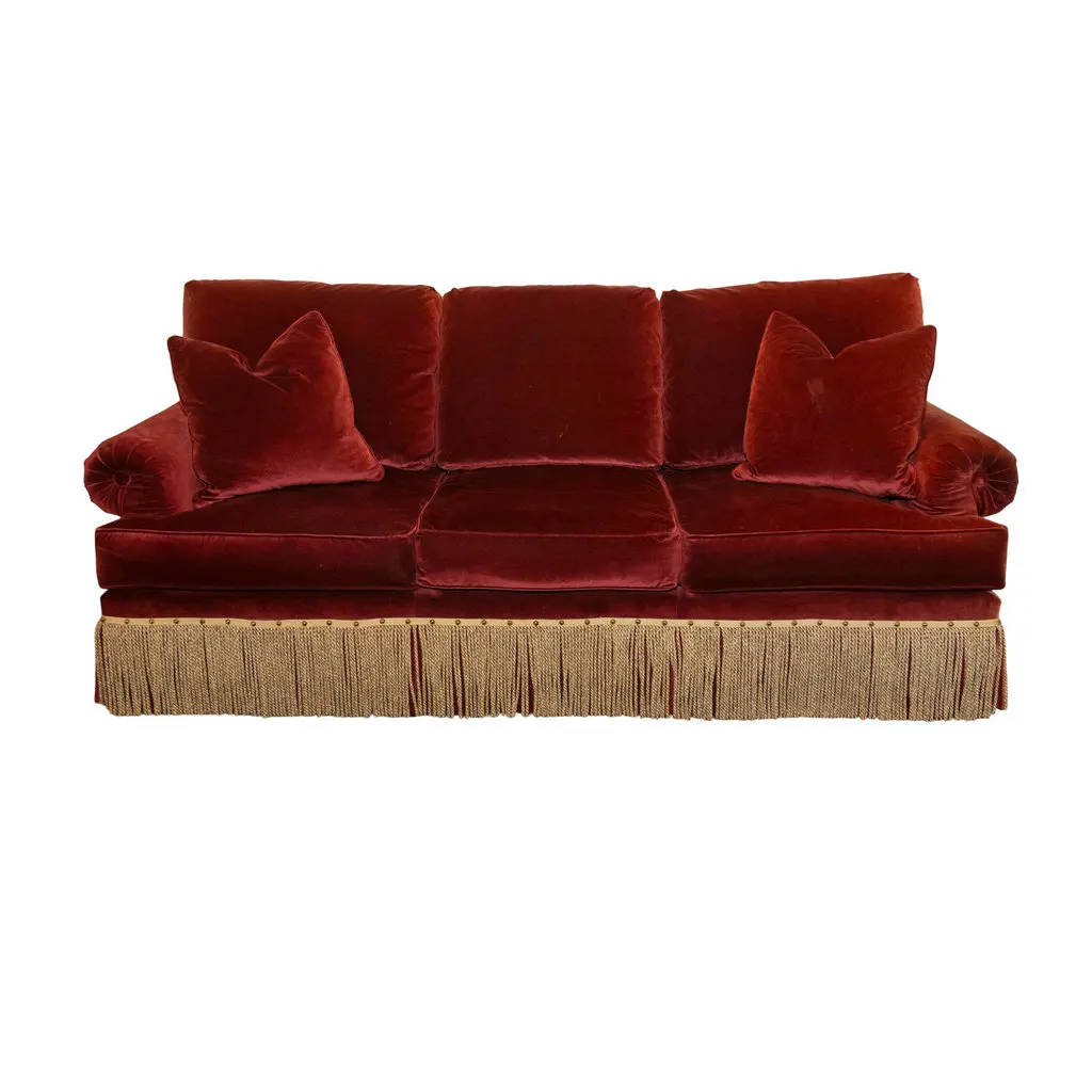 #Traditional Burgundy Velvet Upholstered Rolled Arm Sofa with Gold Rope Fringe Living Room Button Tufted Sofa Couches for Villa