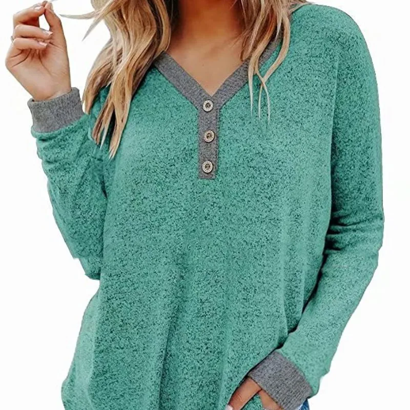 2023 Spring and Autumn Women's Pullover Solid Color Long Sleeve V-Neck Button Color Matching T-shirt Underlay Fashion Loose Tops