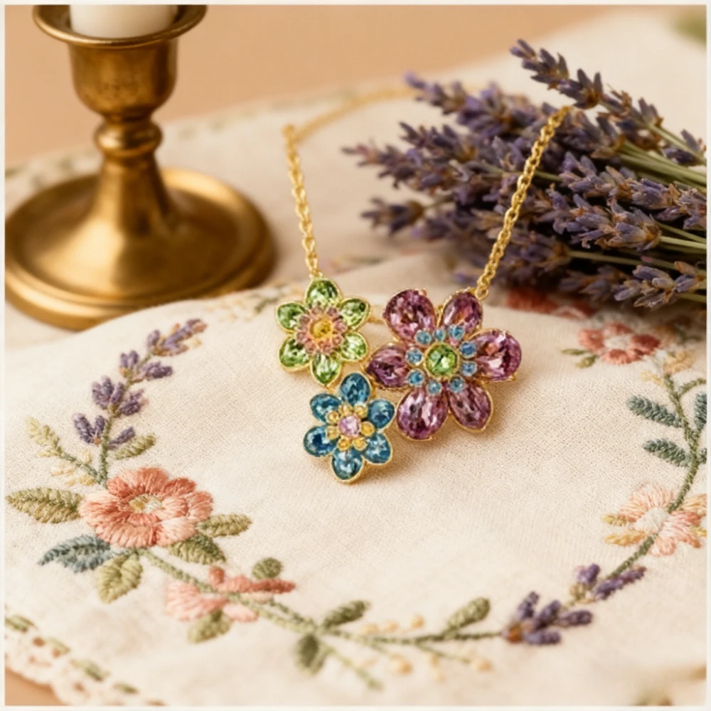 

2025 Trendy Jewelry Noble Gorgeous Colored Crystal Flower Cluster Necklace Pendant Exquisite Party Versatile Lover Gift Jewelry