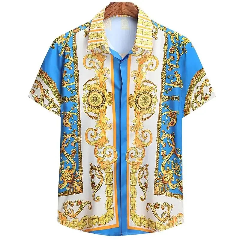 Men's Ethnic Print Breathable Hawaiian Shirt Beach Vacation Shirt Gold Texture Men's Street Clothing Shirt Short Sleeve Lapel