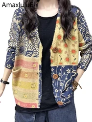 Amax luluE Korean Autumn Vintage Casual V-Neck Sweaters 2024 Womens Button Pockets Cardigans Ladies Flowers Loose Casual Clothes