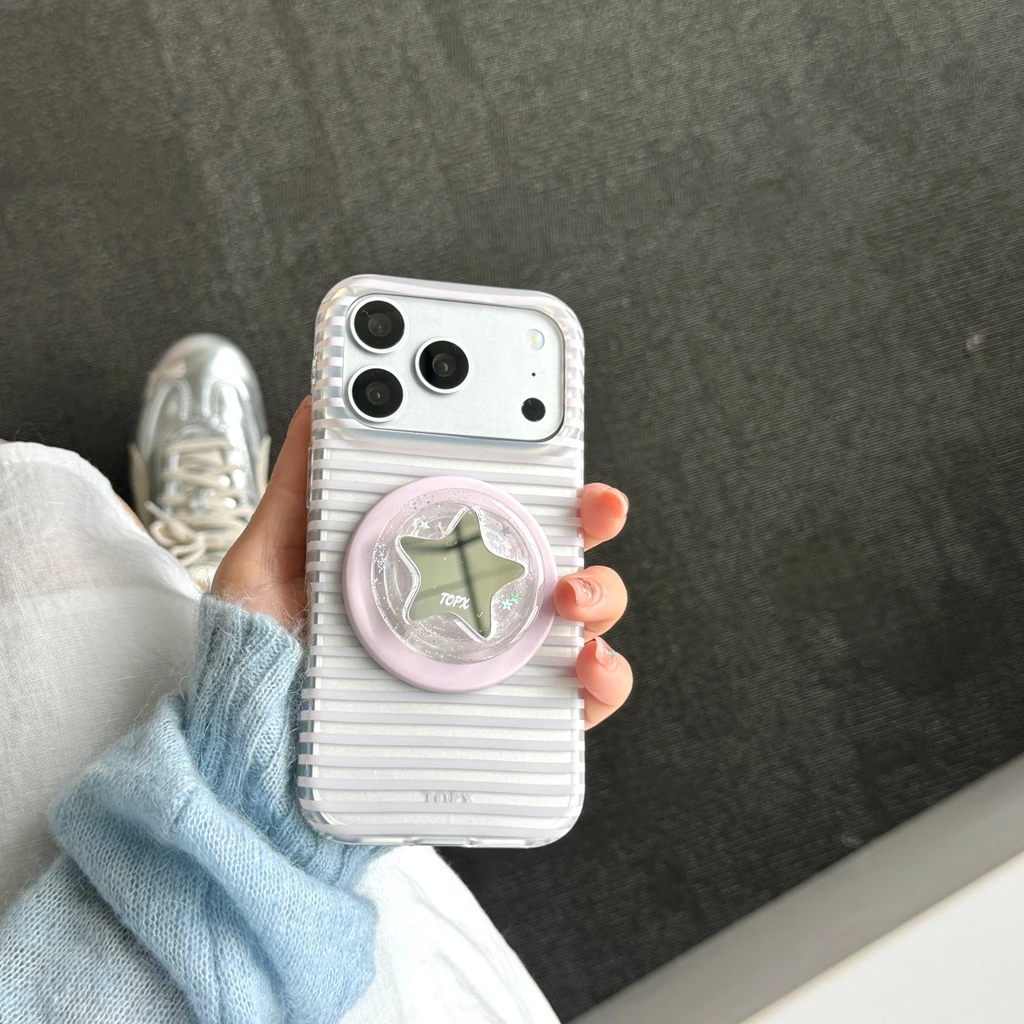 Simple Summer Translucent Stripes With Glitter Star Mirror Holder Magnetic Phone Cover Case for iPhone17 16 15 14 Pro Max