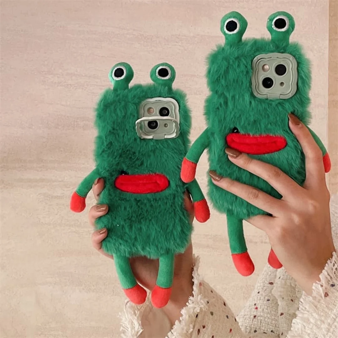 

3D Lovely Soft Fluffy Plush Frog Phone Case For iPhone 14 15 16 17 Plus 13 Pro Max 11 12 mini Warm Winter Furry Fur Cover