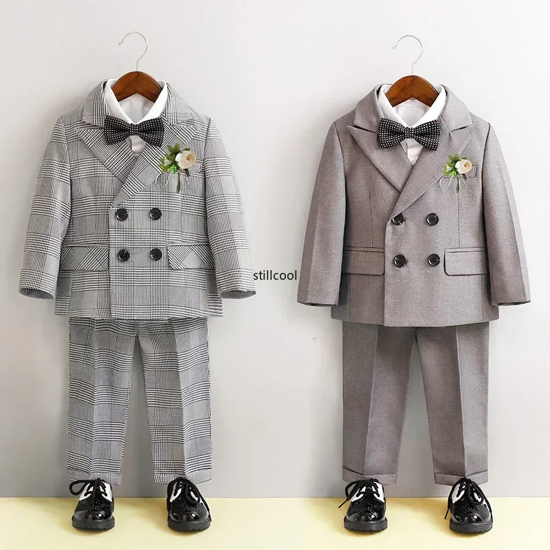 Boys Business Suit Spring Summer 2024 British Plaid Flower Child Wedding Outfits Gray Handsome Kids School Uniform Blazer Set