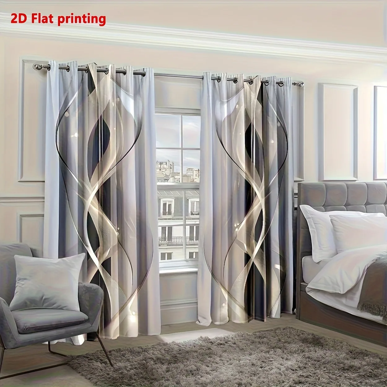 Abstract Geometric Print Blackout Curtains Luxury Light Gray Silver Line Design Window Drapes for Living Room Bedroom Home