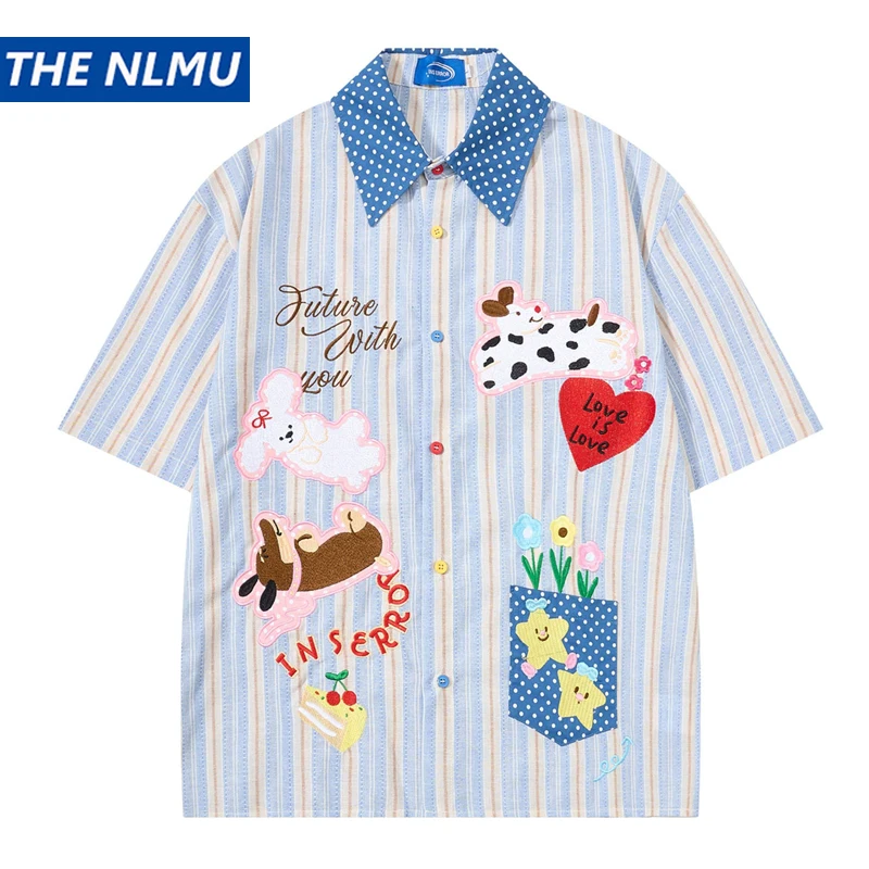 Camisa Unissex Divertida com Bordado Floral e Listras, Estilo Americano Vintage, Solta e Casual de Verão, Manga Curta