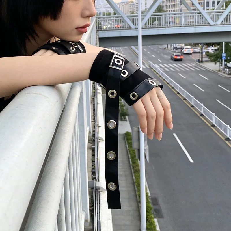 Black half-finger gloves PU goth black fingerless short hand sleeves personalized Y2K one piece
