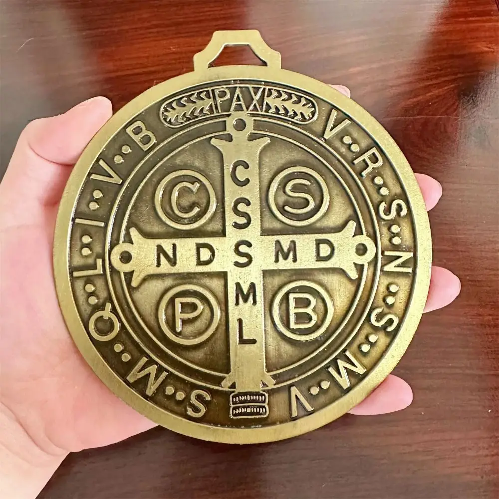 Extra Large Saint Benito Medal Zinc Alloy Vintage Brass Saint Benedict Round Prize 5 Inch Home Decor Pendant