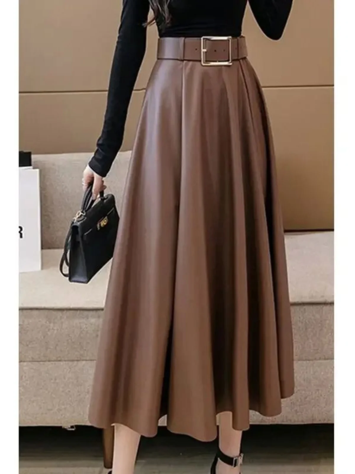 

Brown PU Leather Skirt with Large Swing High Waist A-Line Midi Skirt Street Sle Coffee Color PU Leather Skirt