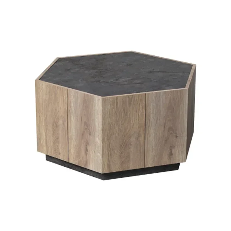 Mesa de centro Hexagonal de estilo Rural para jardín, mesa Retro Para sala de estar con 2 cajones, texturizada negra + roble cálido