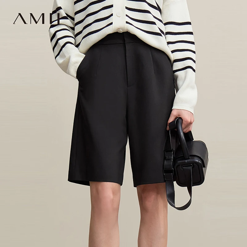 

Женские шорты Amii, весна 2026, новые универсальные свободные брюки с пятью точками, однотонные повседневные широкие брюки среднего размера 12621079