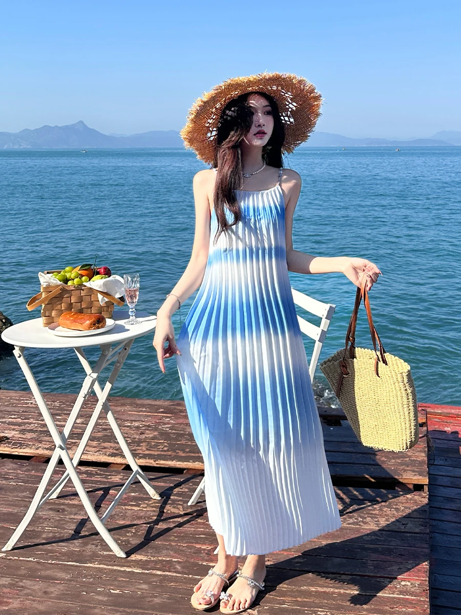 

Корейская версия, новое праздничное пляжное платье-майка Sanya, элегантное длинное платье для похудения, стильные однотонные пляжные платья C176