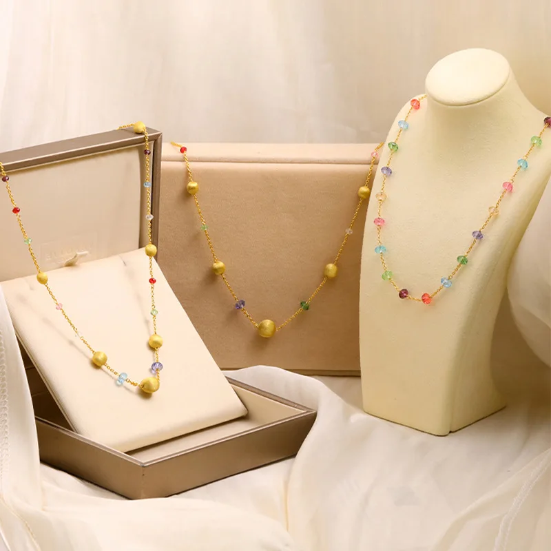 

925 Silver Gold Plated Wire Drawing Necklace, Colorful Crystal , Dopamine Fashion Minimalist Collarbone Chain for Women