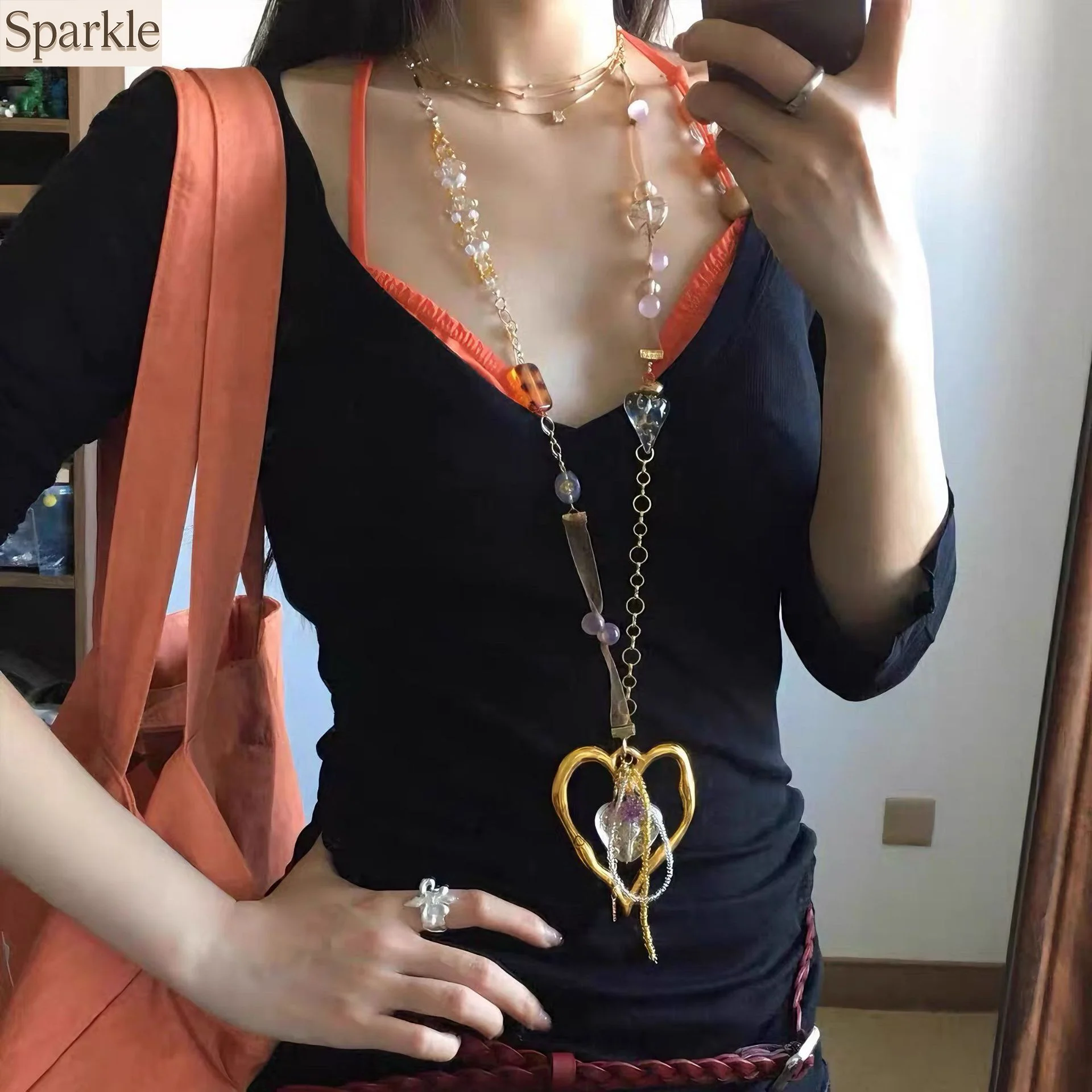 

Y2K Big Heart-Shaped Patchwork Pendant Multi-Layer Long Necklace Exaggerated Street Sweater Chain Complex Neck Jewelry for Women