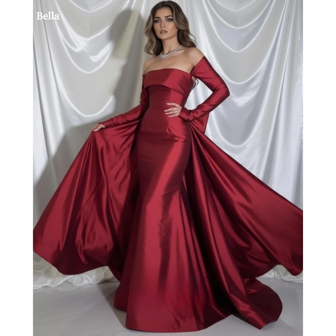 

Bella Customized Red Sleeves Mermaid robes de soirée Trailing Party Dresses Strapless Backless Floor-Length Satin Prom Dress