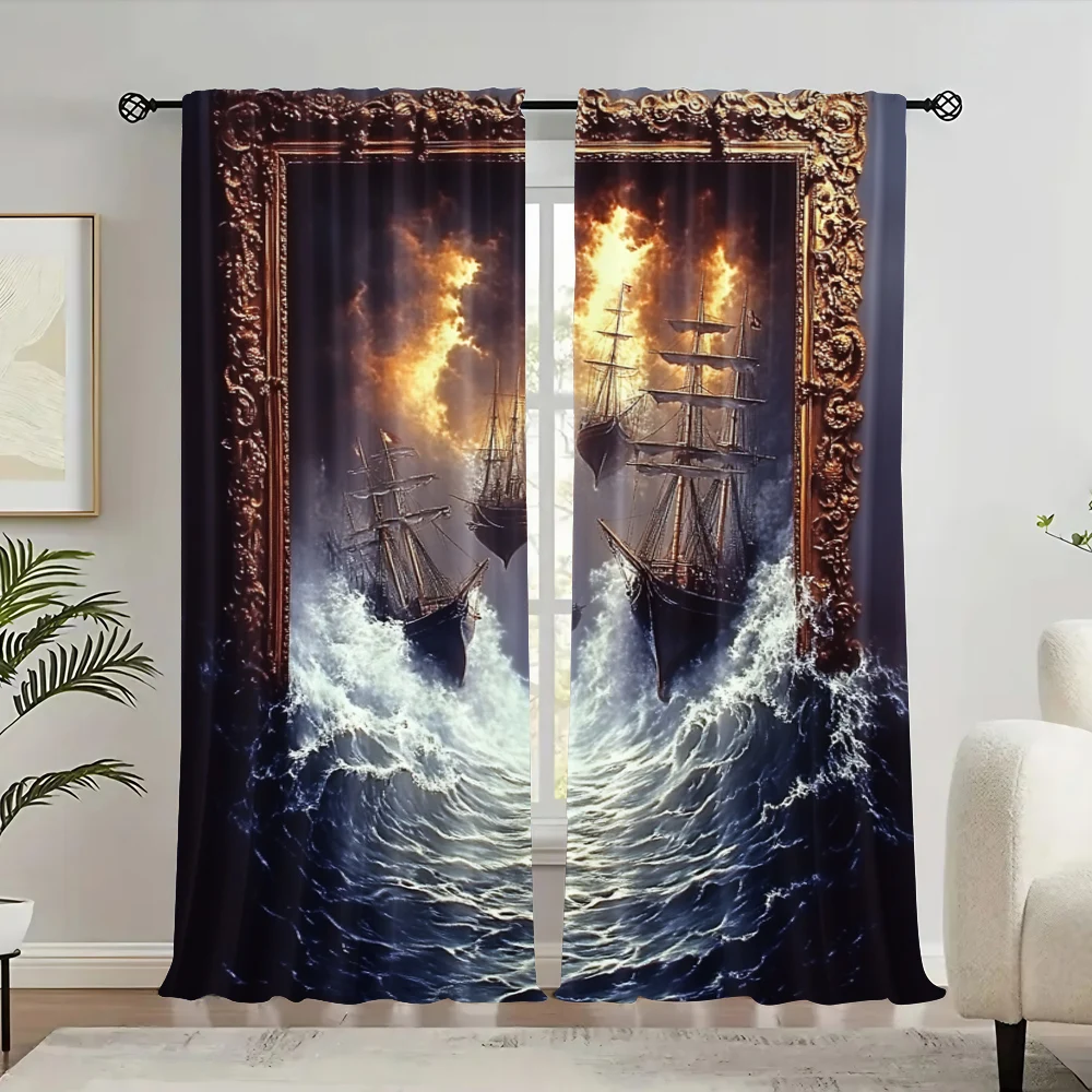 2pc,  Window Drapes sailboat printing Versatile Durable Polyester,Without Electricity Family Party Decoration Perfect for