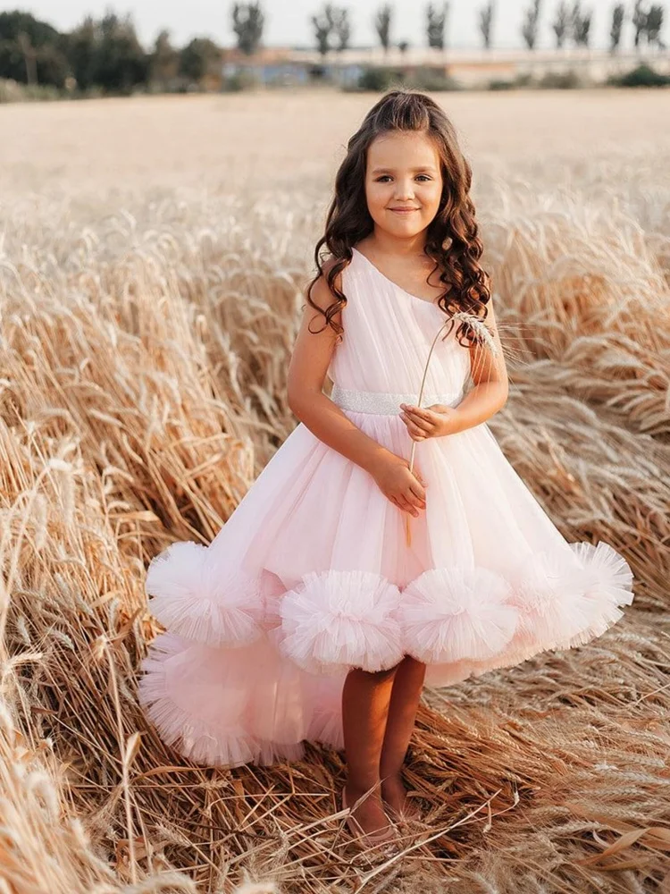 Custom Flower Girl Dress One Shoulder Tulle Dress Glitter Waistband High Low Train For Outdoor Wedding & Portrait Shooting