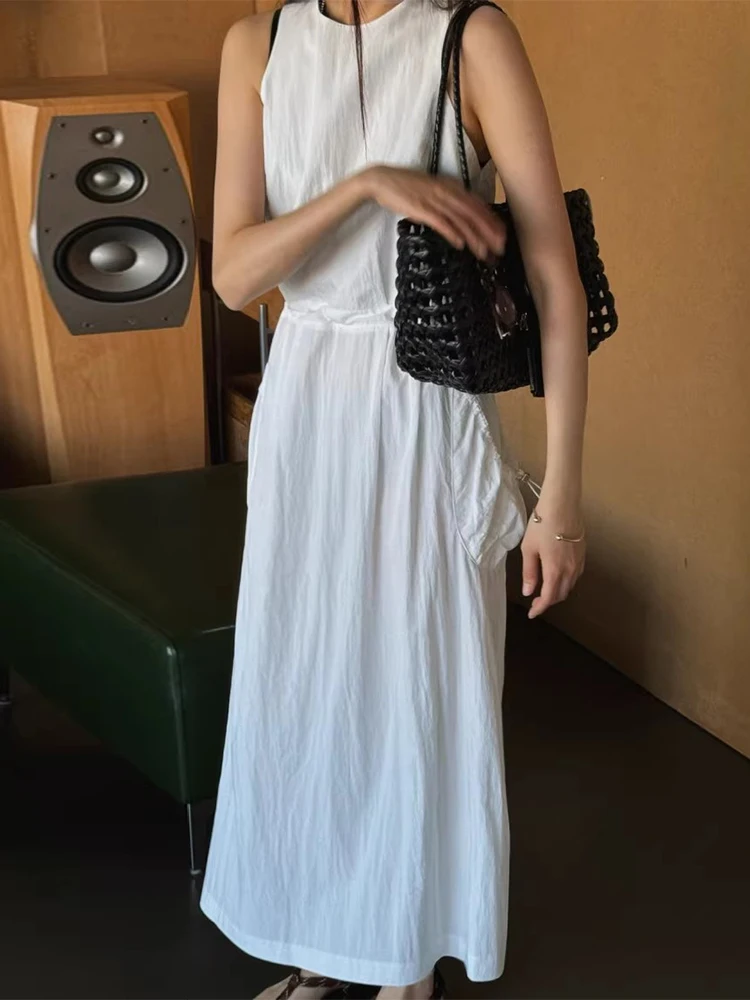 Chique verão sem mangas sem costas em torno do pescoço colete vestido f cintura alta emaecimento design estilo corea...