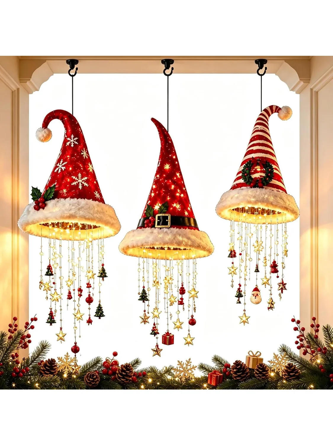 LED-Weihnachtsmannmütze, hängende Lichterkette, Weihnachtsmützen-Anhänger mit Quaste, Glocke und Stern-Ornamenten, Weihnachts- und Neujahrs-Party-Dekorationslicht – Detail 1