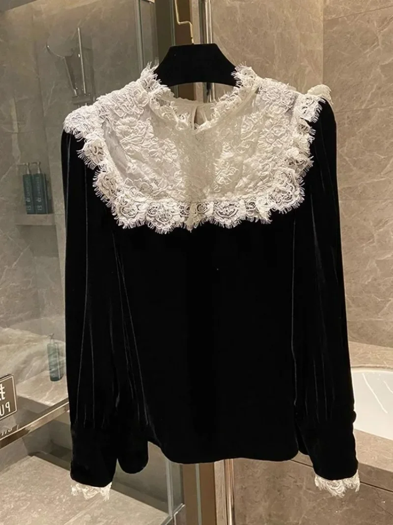 O cou dentelle Patchwork velours âge réduisant Blouses en vrac Vintage français femmes vêtements Chic chemises Blusas Mujer De Moda 2024