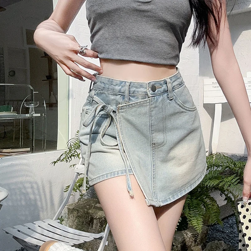 Summer Irregular Chic Fake Two Piece Casual Female Jean Shorts Y2K Classic High Waist Fashion Lace-up Simple Shorts for Women