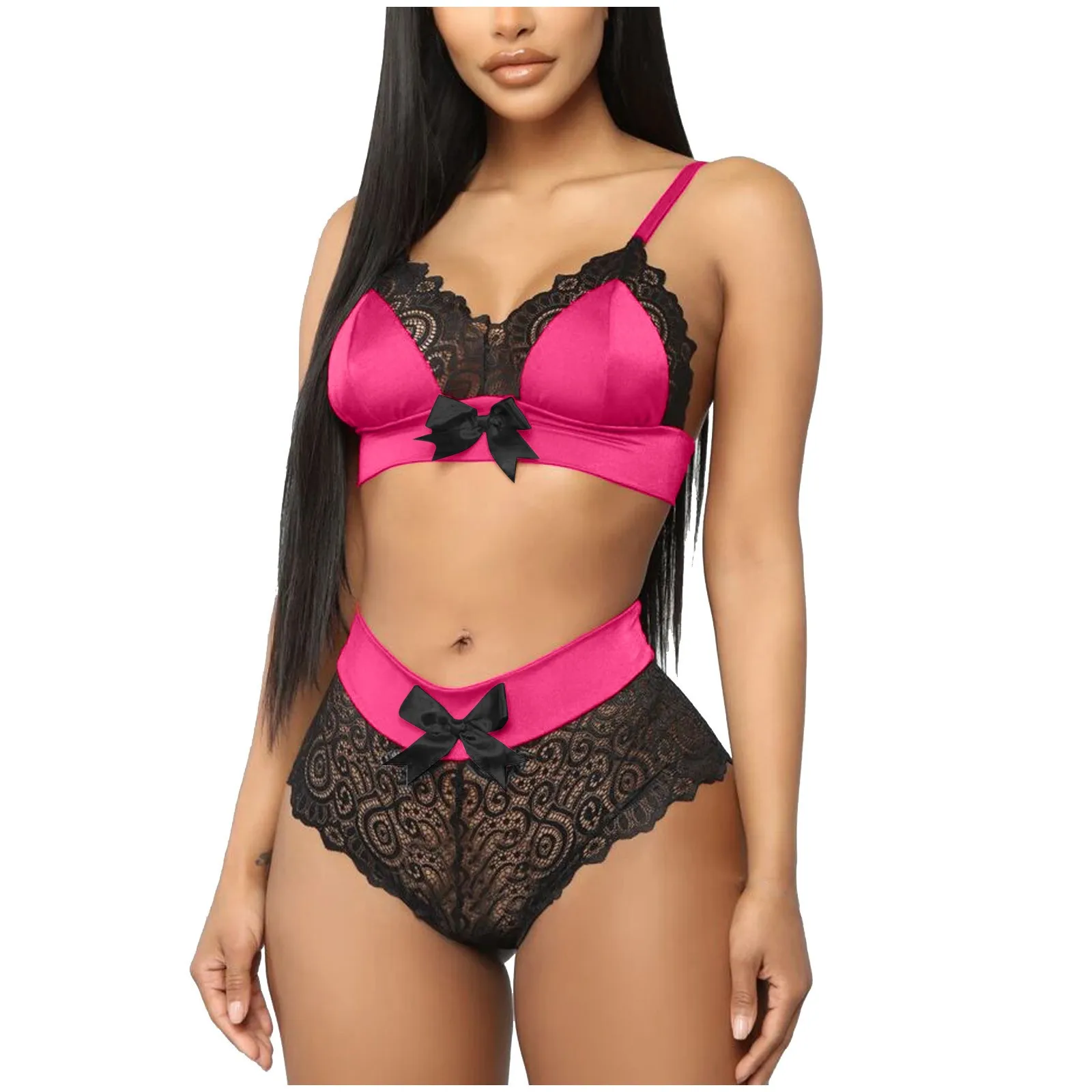 

Underwear Two Piece Outfit For Women Lace Patchwork Suspenders Sexy Ladies Bra Sets High Waist Hollow Out Lingerie Suits