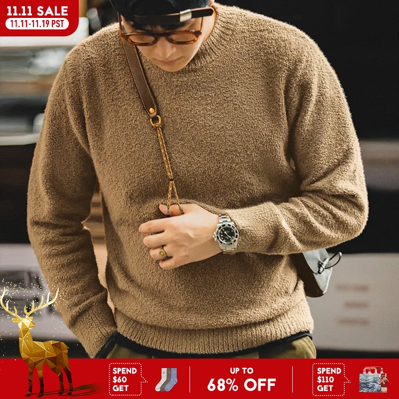 

Maden Vintage Half Turtleneck Solid Color Sweater Men's Autumn and Winter Thin Fluffy Knitted Sweaters Halloween Men Pullovers