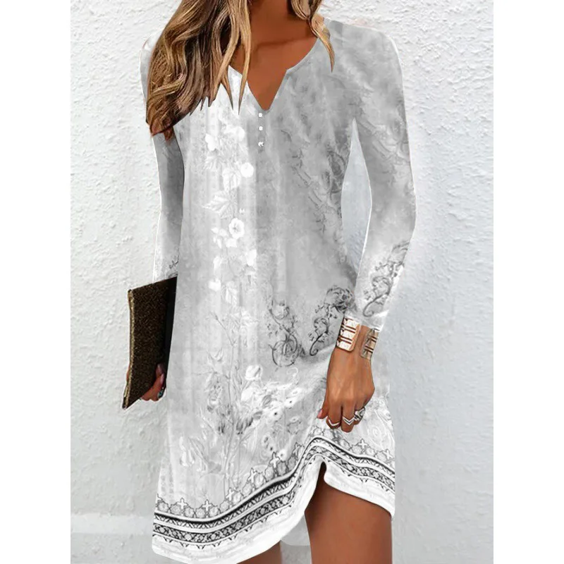 

Women Floral Print V Neck Mini Dress Long Sleeve Button Decor Casual A Line Short Dress For Women