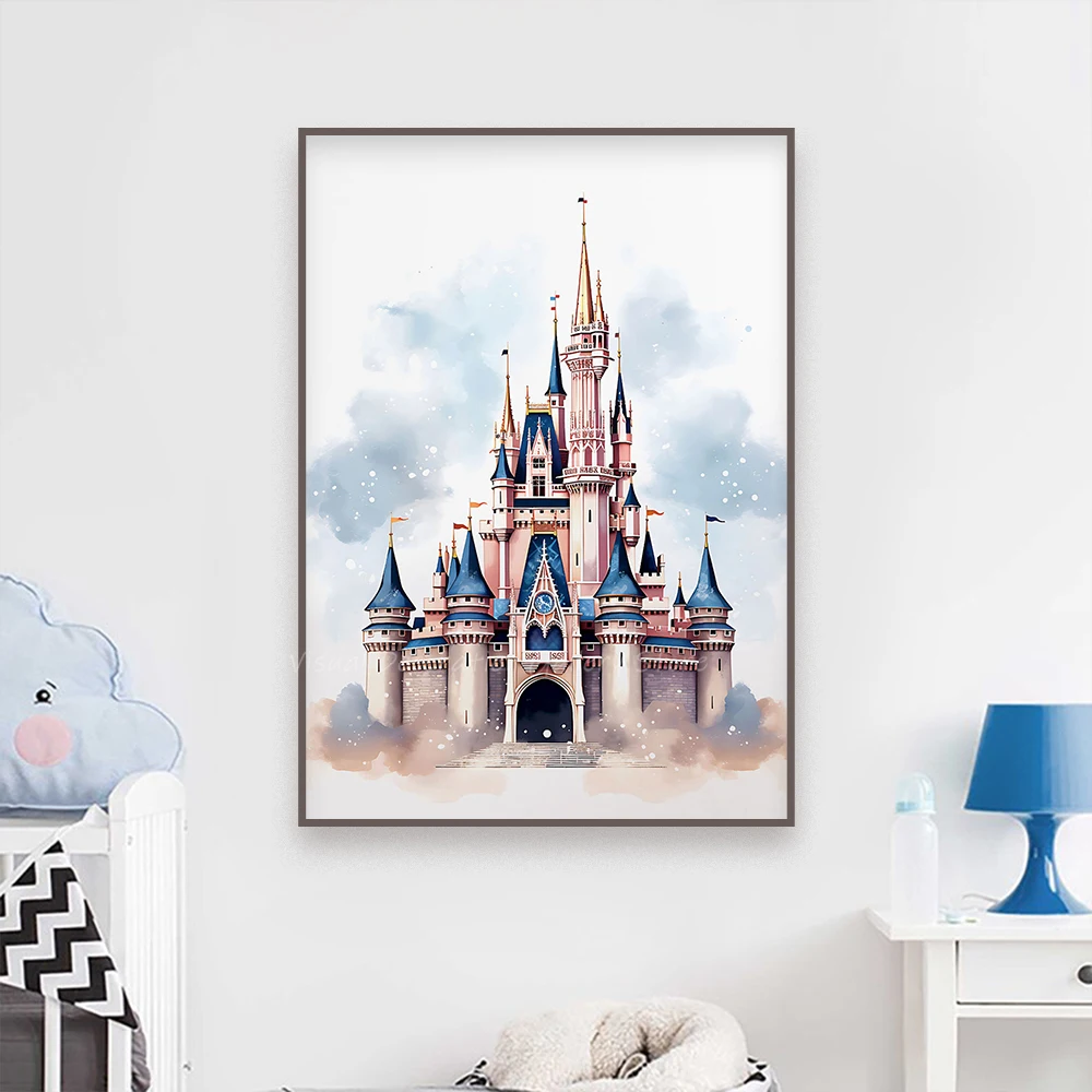 Disney Magic Kingdom Magic Castle Watercolor Poster Princess Castle Prints Castle Painting Kindergarten Wall Art Hoom Room Decor