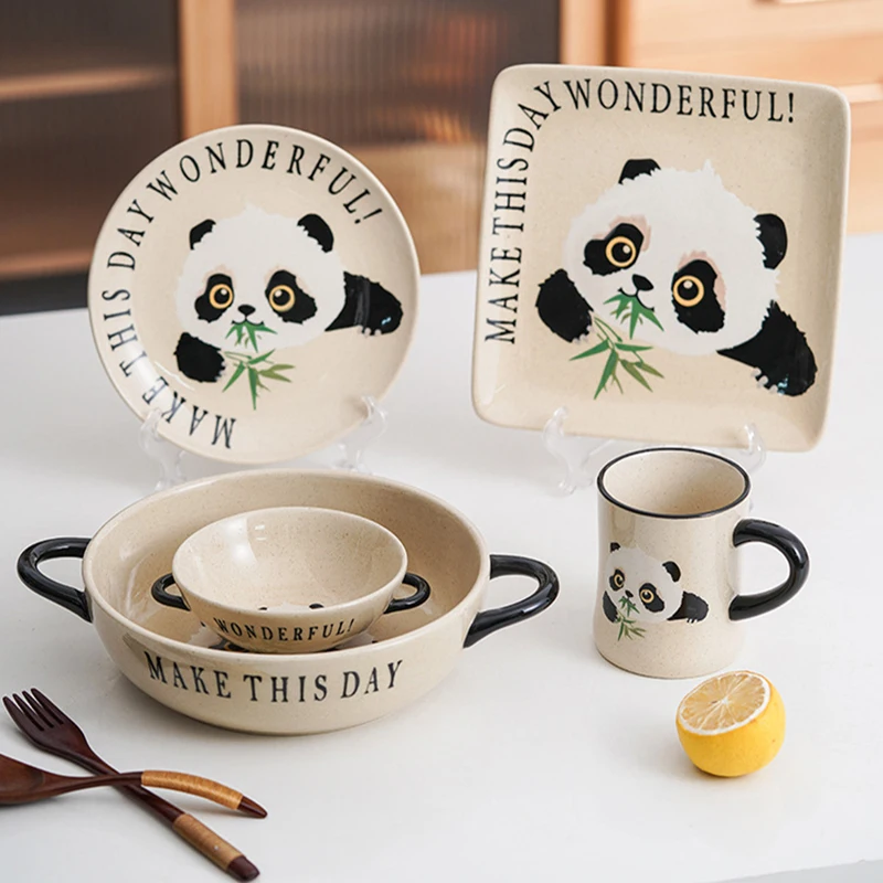 Ceramic Bowl Tray Creative Panda Pattern Tableware Handle Water Cup Double Ear Bowl Chinese Style Steak Plate Small Sauce Dish