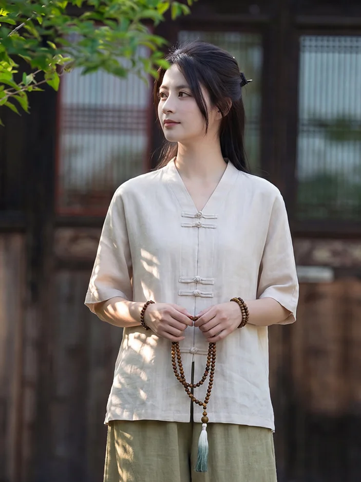 Retro Chinese Style Loose Cotton Linen Shirt Women's New Middle  Top Tea Ceremony Zen Suit Set Summer V-neck Short Sleeve
