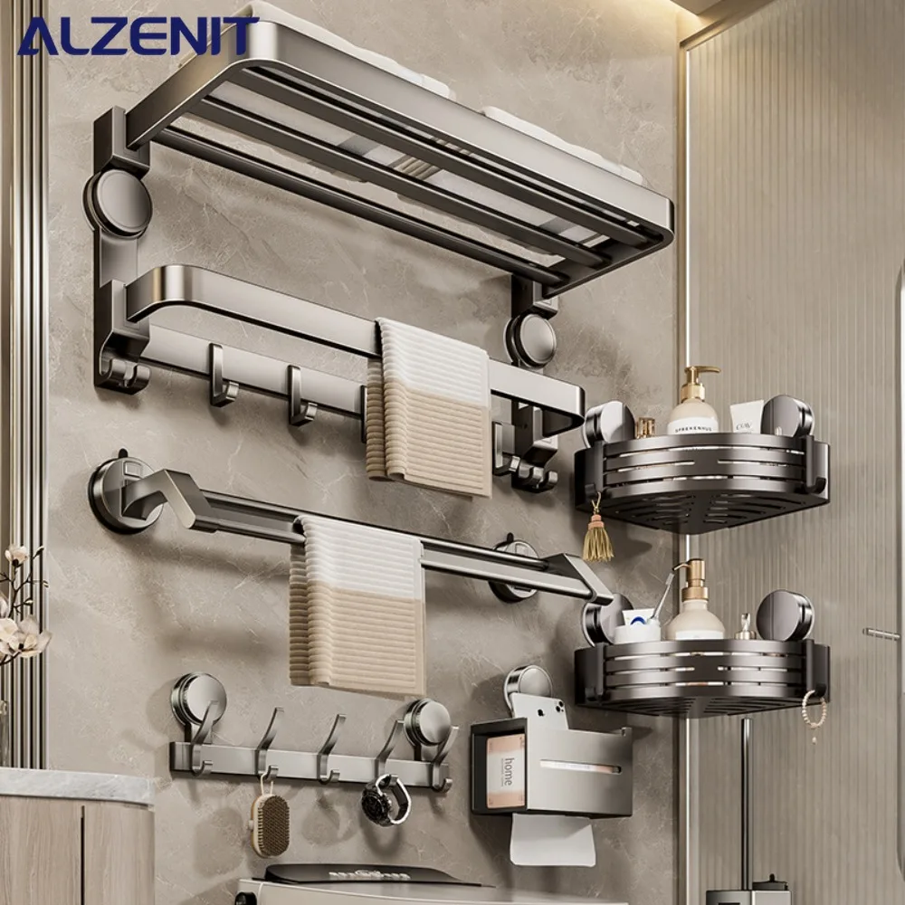 

Space Aluminum Towel Rack Toilet Wall Mounted Hanging Pole Storage Shelf Shower Room Towel Holder Set Bathroom Accessories