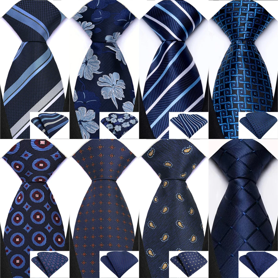Conjunto de regalo de lujo con corbata de 8 cm y pañuelo de bolsillo, color azul marino, con diseño floral a rayas, para hombre, tejido jacquard, accesorios para traje de negocios.
