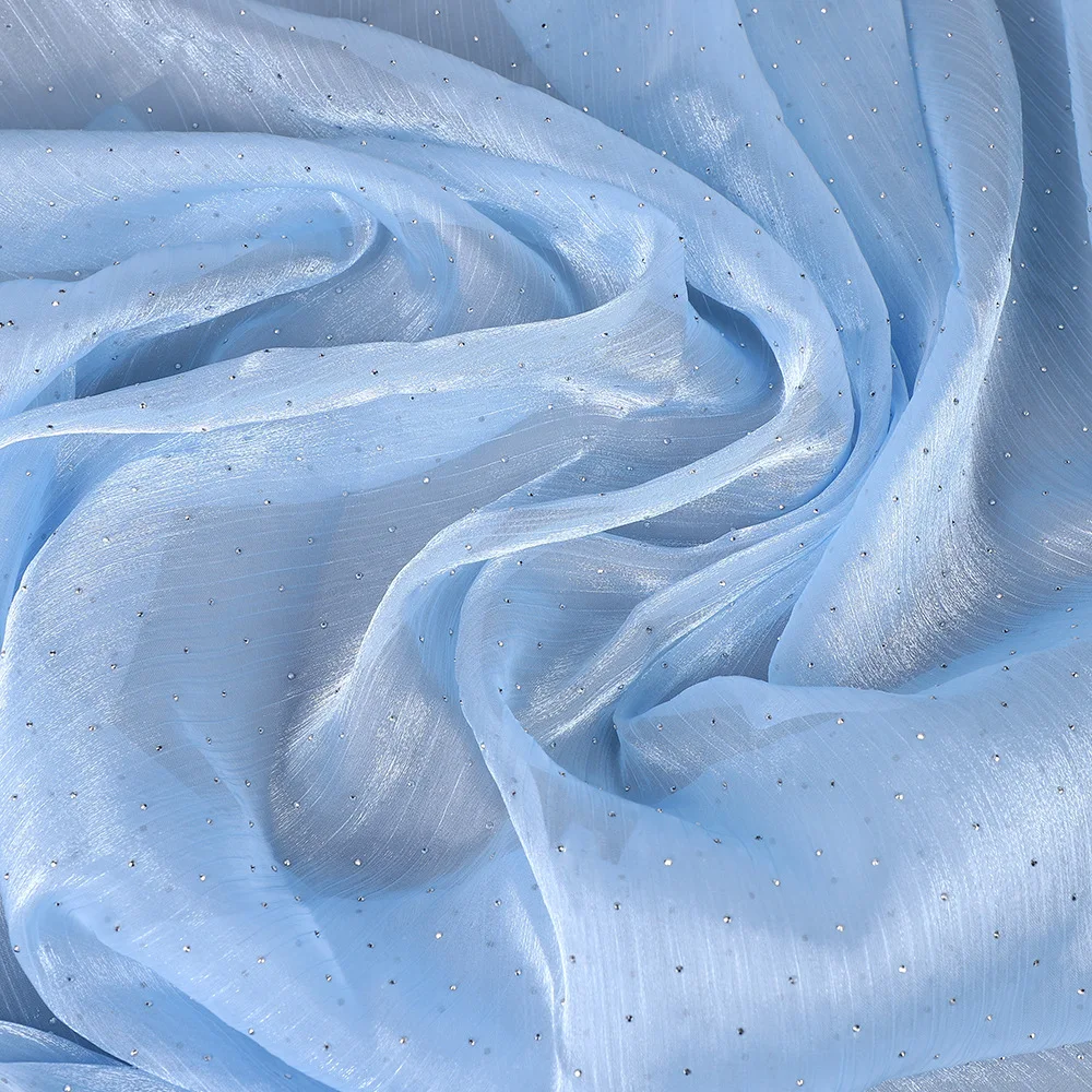 Water Ripple Silk Crepe Organza Sparkle Crinkle Mesh Fabric With Rhinestones Textured Cloth Fashion Dress Garment Accessories