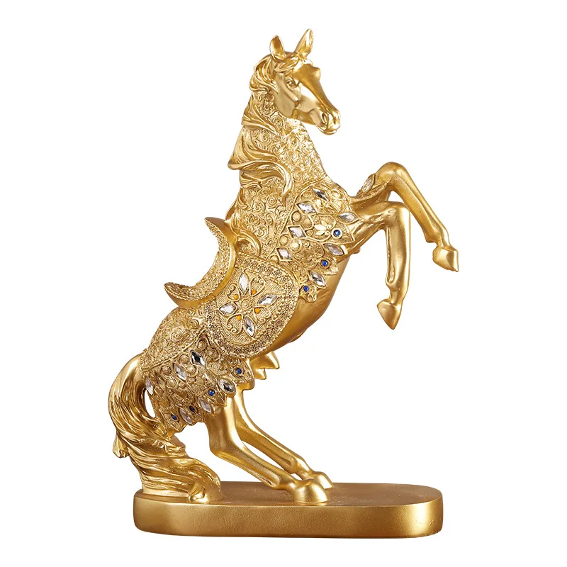 Resin Gold Horse Figurine Statue Feng Shui Wealth Success Animal Sculpture Living Room Office TV Cabinet Decor Housewarming Gift