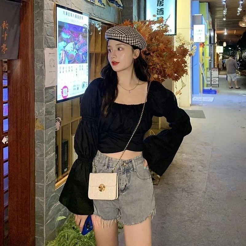 Back Puff Sleeve Shirts Women Autumn French Bow Bandage Blouses 2022 New Black Pink Square Neck Cropped Tops Female