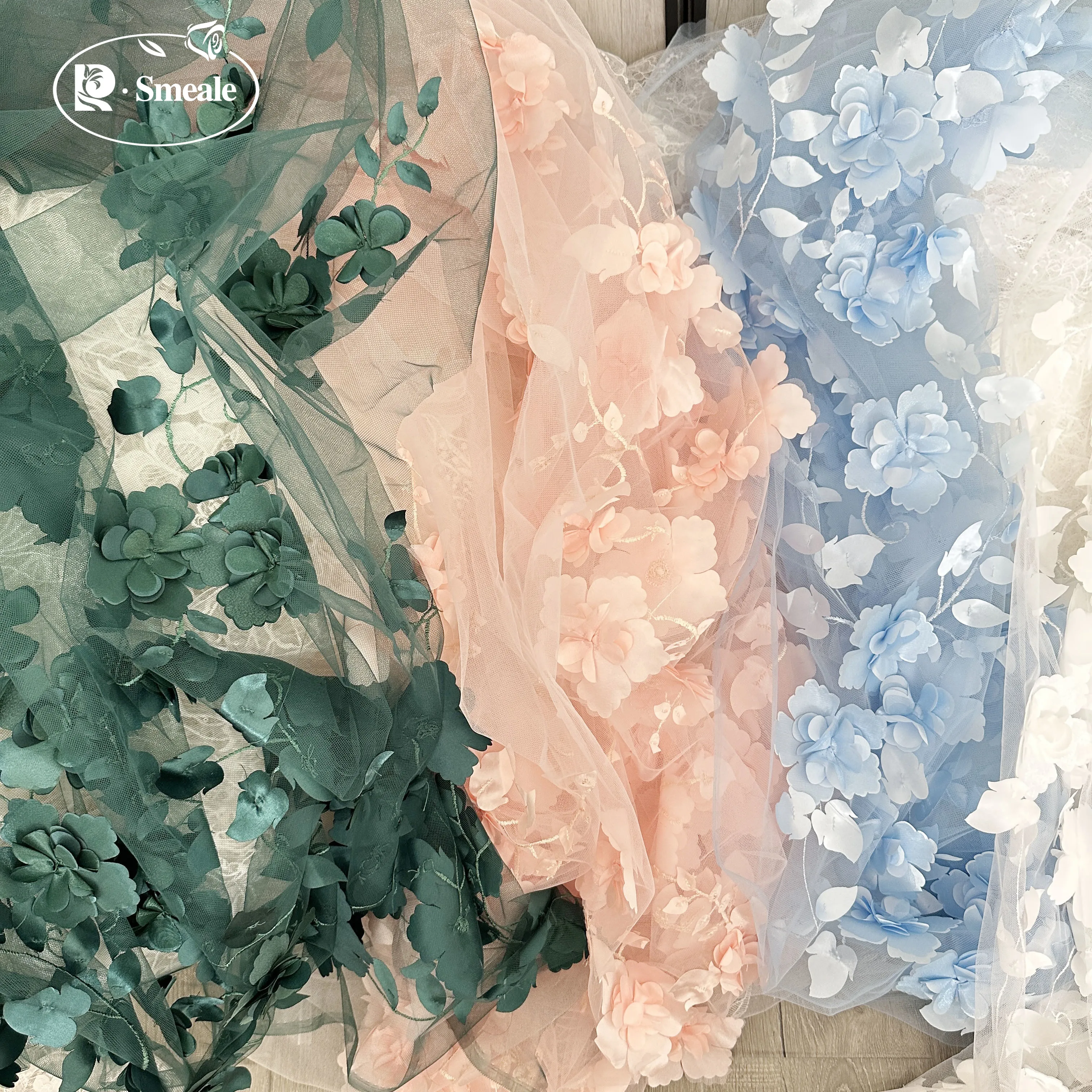 3D Flower Laser Satin Cloth, Lace Wedding Dress, DIY Accessories, Black Fabric, Hand Applique, Mesh Fabric, RS2937