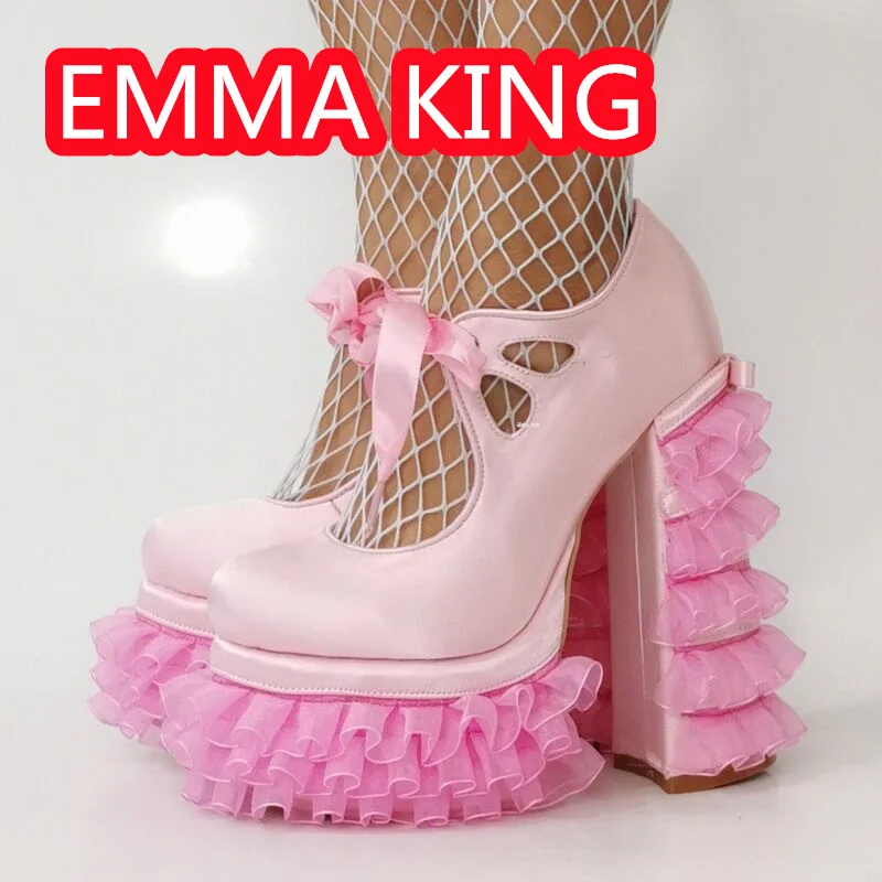 Pink Square Toe Lace Flowers Platform Sweety Girls Dancing SAndals 2025 Shallow Silk Lace Up Size 47 Sexy Runway Shoes Heels image 2