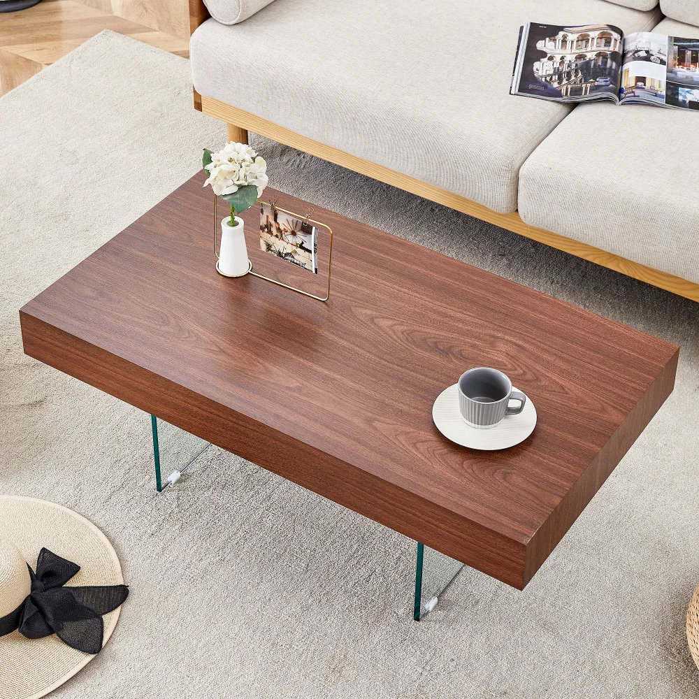 

39.3"x21.6" Coffee Table with Tempered Glass Legs.Density Board Sticker,Reinforced Glass Legs.Walnut Colored Texture Sticker.