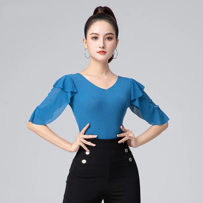 2023 NEW Adult Women Dance Top Lady Modern  Ballroom Costume Sexy V-neck Chiffon Dancewear 6 Colors