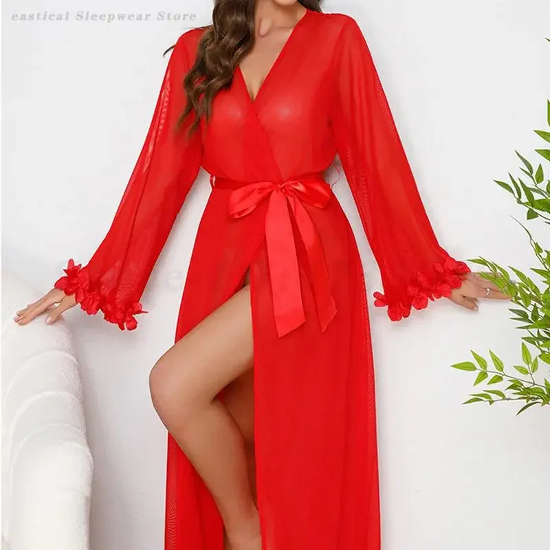 

Fairy Women Sleepwear Perspective Sexy Morning Gown White Wedding Mesh Robe Nightgown Long Bathrobe Kimono Nightwear Lingerie