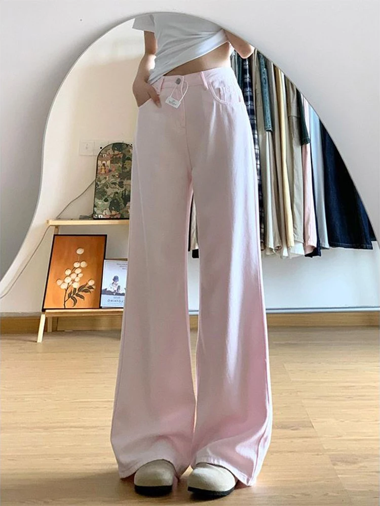 

Pink Wide Leg Jeans Women Preppy Sweet High Waist Fashion Casual Denim Pants Female Student Loose Summer Chic Straight Trouser