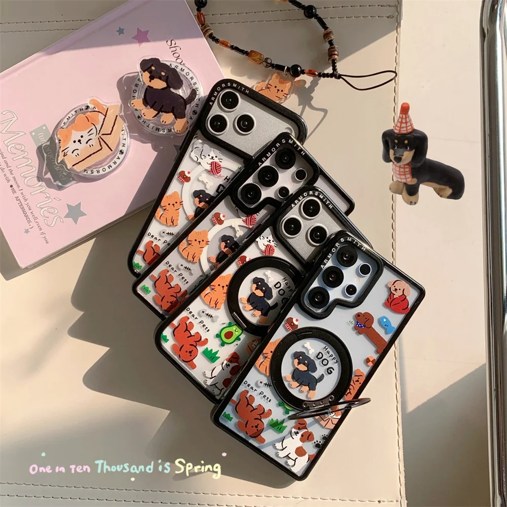 Korean Cute Kitten Puppy Magnetic Phone Case for Samsung Galaxy S26 Ultra S23 S25 Plus S24 Cover With Magsafe Cartoon Stand Case