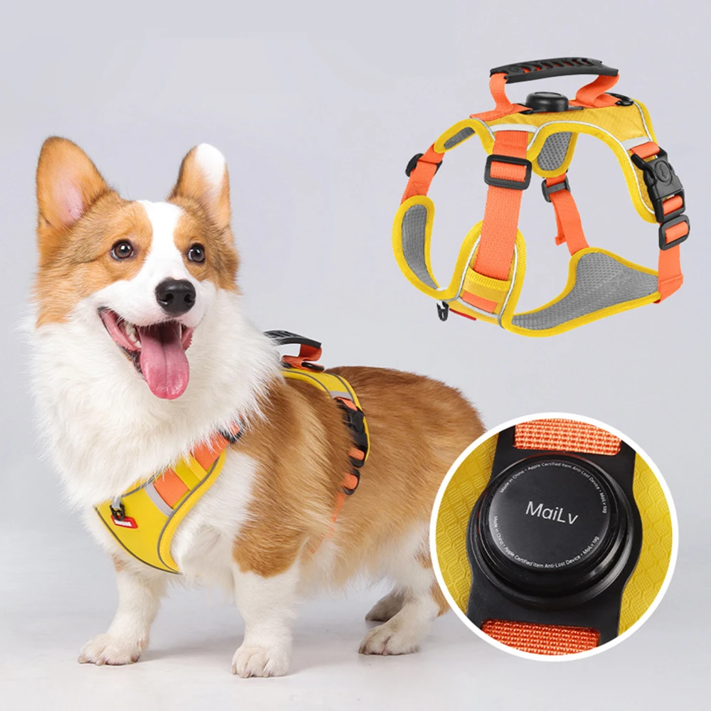 Reflective Dog Harness with Airtag Holder, Escape Proof Anti Lost Pet Vest, Highly Visible Adjustable Safety GPS Tracking