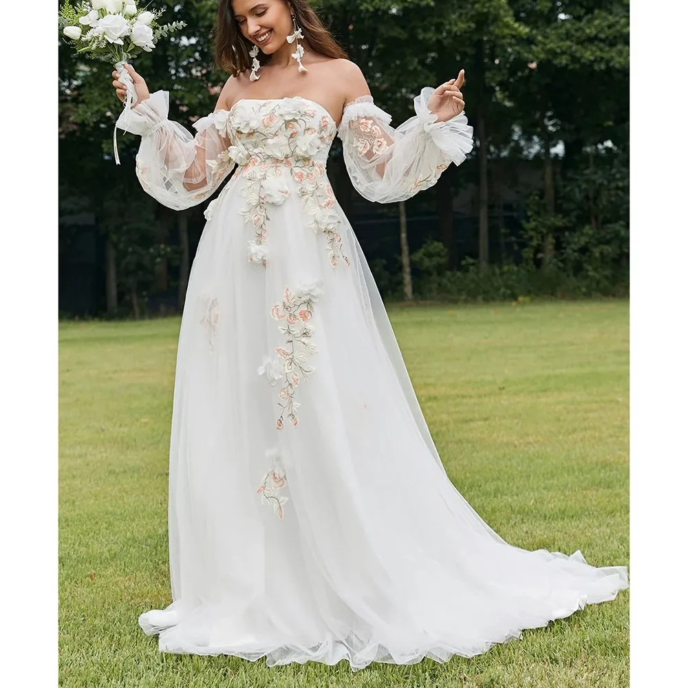 

Graceful Boat Collar Tulle A-line Floral Lace Wedding Dress Backless Floor Length Beach Bridal Dress with Train Custom Made