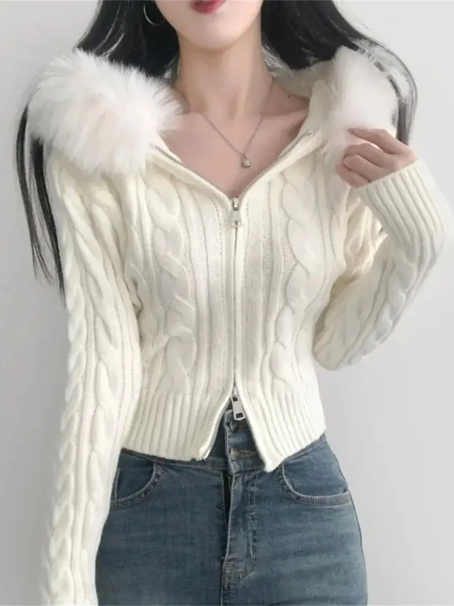 

Women's Cashmere Cardigan Sweater Hooded Zipper Knitted Jacket Y2K Tops Autumn Winter Clothes Outerwear Pull Femme